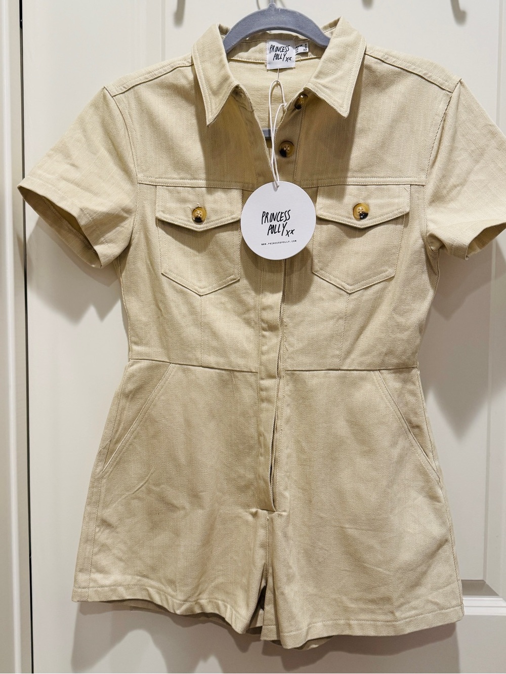 Princess Polly Cream Collared Short Sleeve Romper With Pockets Size 0 New NWT